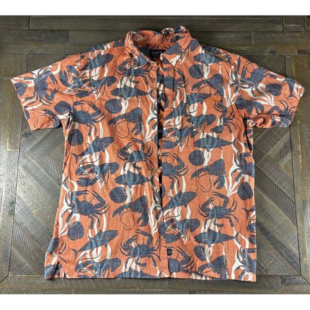 Salt Life Mens XXL Orange Crab Lobster Fish Print Short Sleeve Button Down Shirt